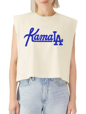 Womens Cropped Muscle Tee in Ivory with cobalt blue flocking vinyl KamaLA at the chest