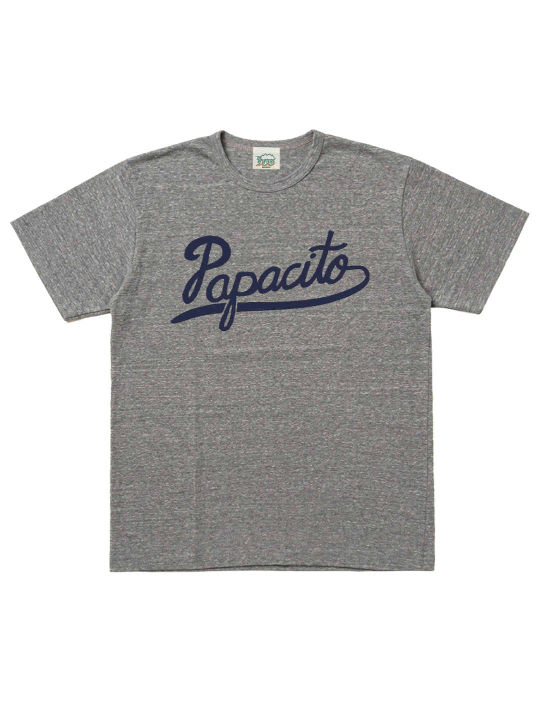 A heather gray short-sleeve t-shirt with 'Papacito' printed across the chest in navy blue script, displayed flat against a white background.