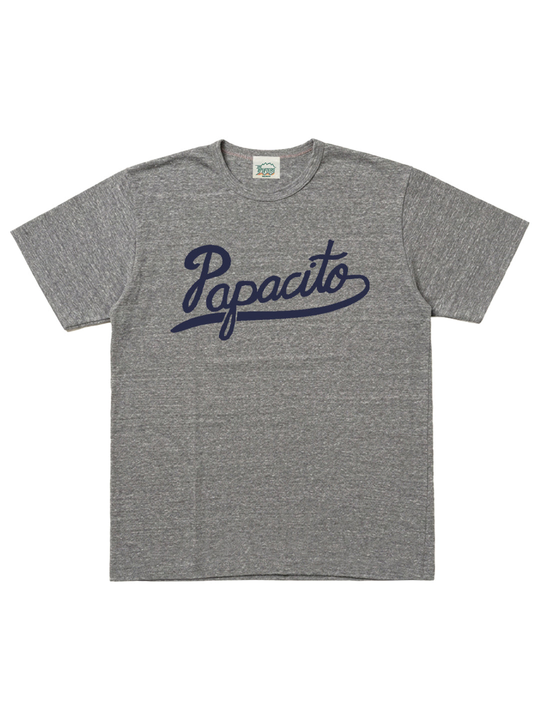 A heather gray short-sleeve t-shirt with 'Papacito' printed across the chest in navy blue script, displayed flat against a white background.