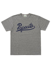 A heather gray short-sleeve t-shirt with 'Papacito' printed across the chest in navy blue script, displayed flat against a white background.