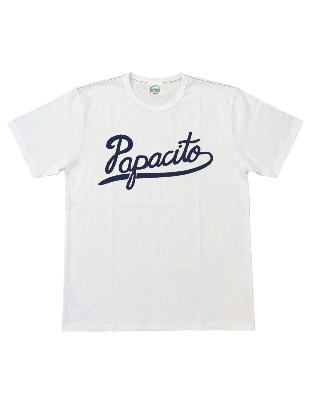 A white short-sleeve crewneck t-shirt featuring the word 'Papacito' printed across the chest in a dark navy blue cursive script, displayed flat against a plain white background.
