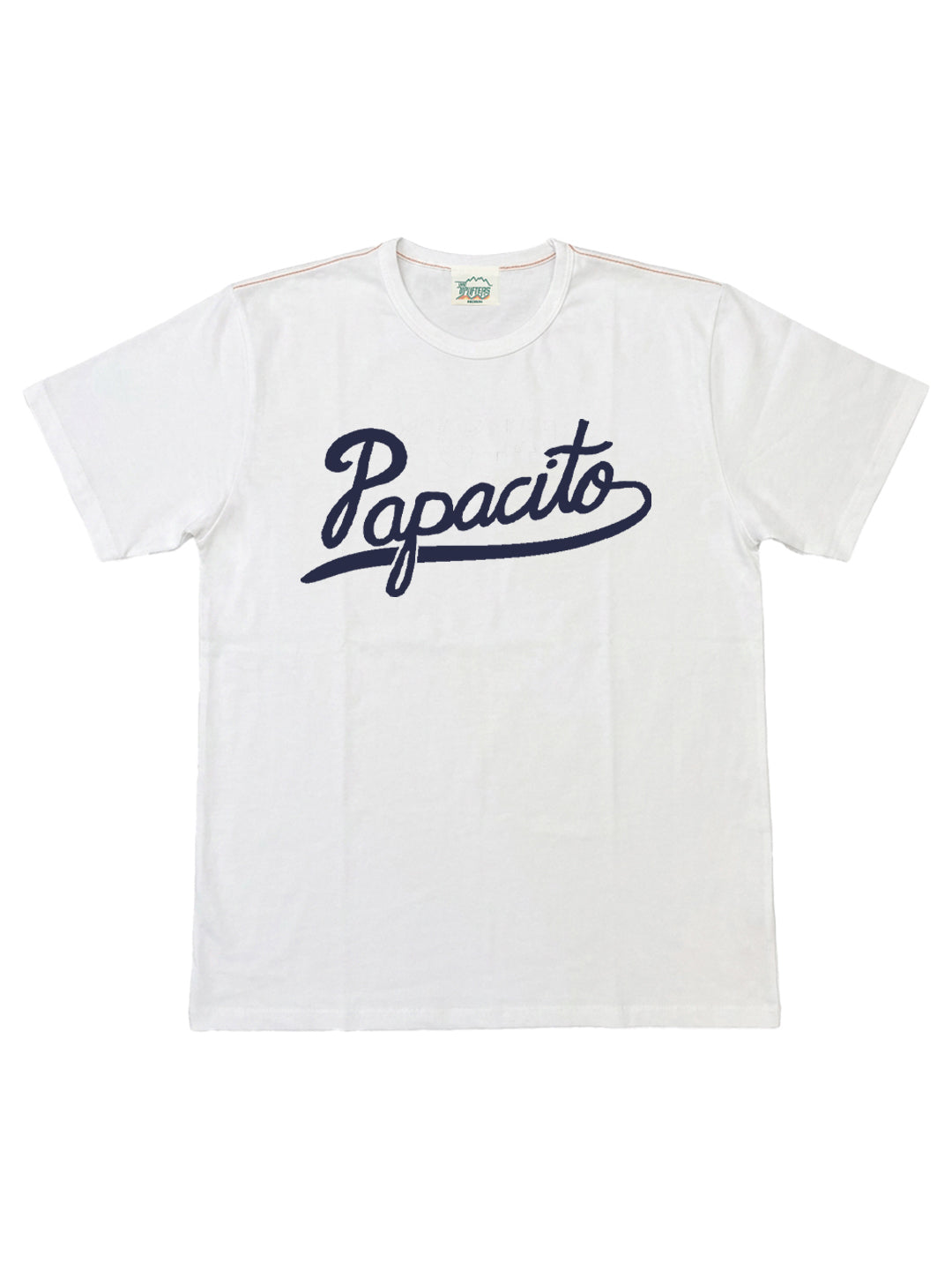 A white short-sleeve crewneck t-shirt featuring the word 'Papacito' printed across the chest in a dark navy blue cursive script, displayed flat against a plain white background.