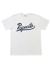 A white short-sleeve crewneck t-shirt featuring the word 'Papacito' printed across the chest in a dark navy blue cursive script, displayed flat against a plain white background.